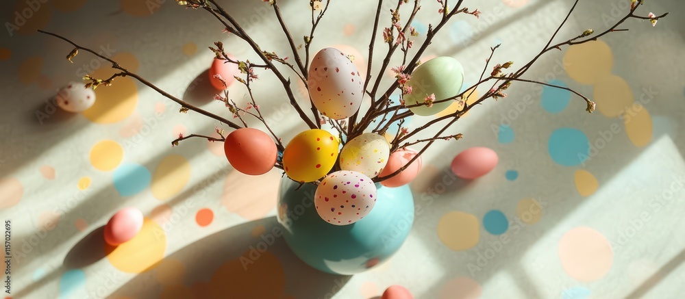 Poster easter vase with colorful eggs and tree branches on a patterned ceramic floor viewed from above show