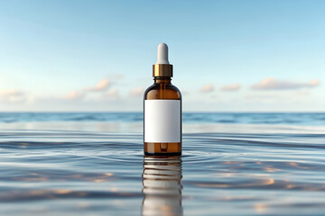 Brown glass serum bottle mockup with a blank white label floating in serene water against a clear sky background, symbolizing hydration and natural skincare products