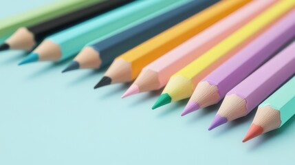Fototapeta premium Colorful pencils arranged on a pastel background.