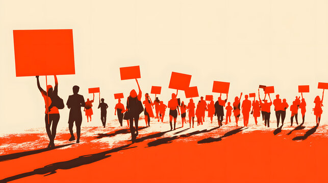 Silhouettes of protesters holding signs in a vibrant orange setting