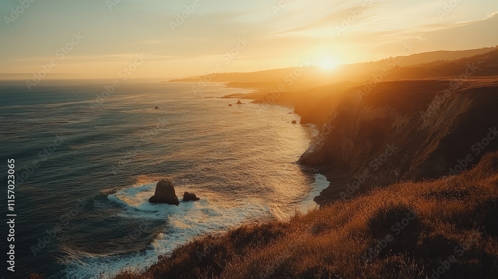 Poster coastal sunset view with golden light illuminating the ocean waves and cliffs creating a serene and 
