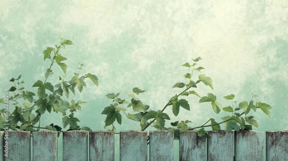Aufkleber vibrant green vines climbing a rustic fence with soft textured background ideal for nature and garde