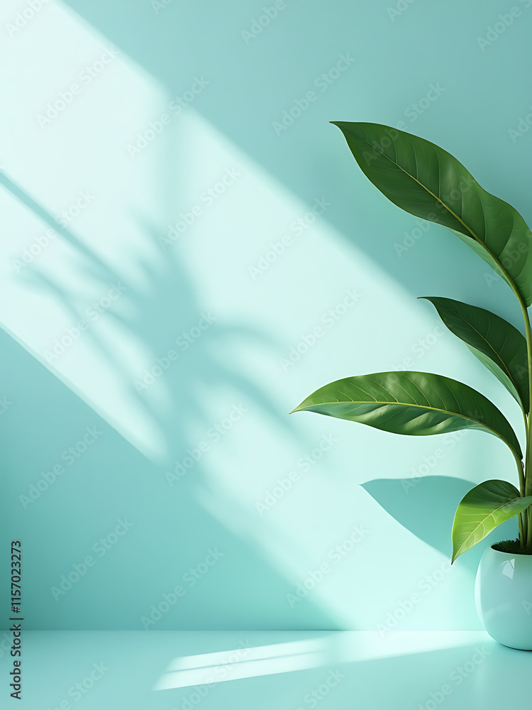 Poster soft light falls on a turquoise background featuring leaves against a white wall with ample space fo