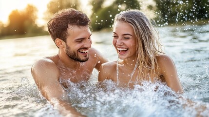 Couple s Summer Fun A Playful Moment Of Splashes And Laughter In The Refreshing Water