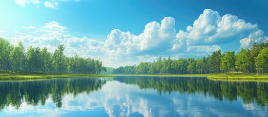 Fototapeta premium Serene lake landscape with lush greenery and vibrant blue sky reflected in calm waters during a sunny day