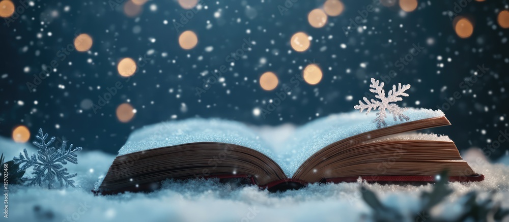 Poster vertical christmas backdrop with an enchanted book surrounded by snowflakes and soft bokeh lights fo
