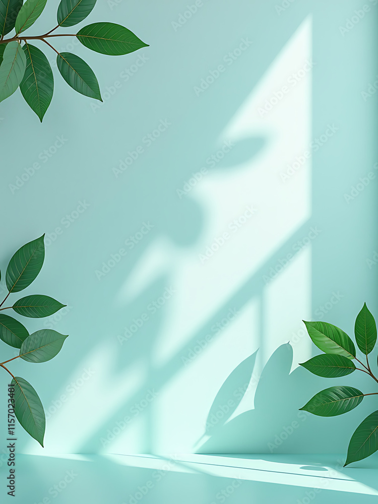 Poster soft light falls on a turquoise background featuring leaves against a white wall with ample space fo