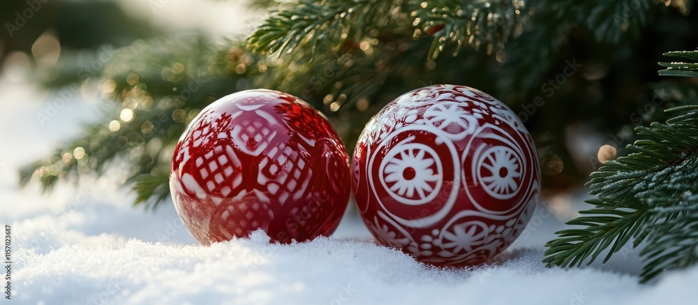 Poster red glass ornaments with white patterns resting on snow under a fir tree creating a festive winter h