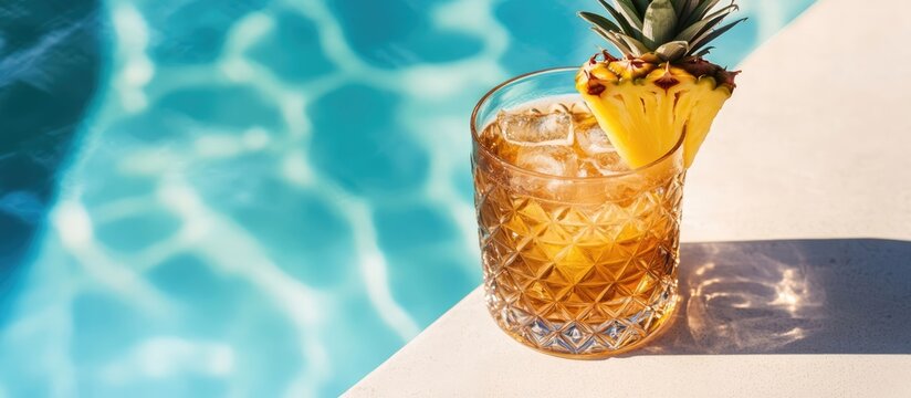 Refreshing tropical cocktail by the poolside with pineapple garnish perfect for summer relaxation and leisure time outdoors.