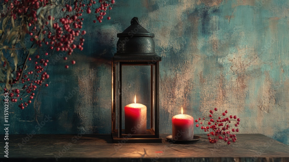 Poster vintage lantern with lit candles and berries on rustic table against abstract textured background in