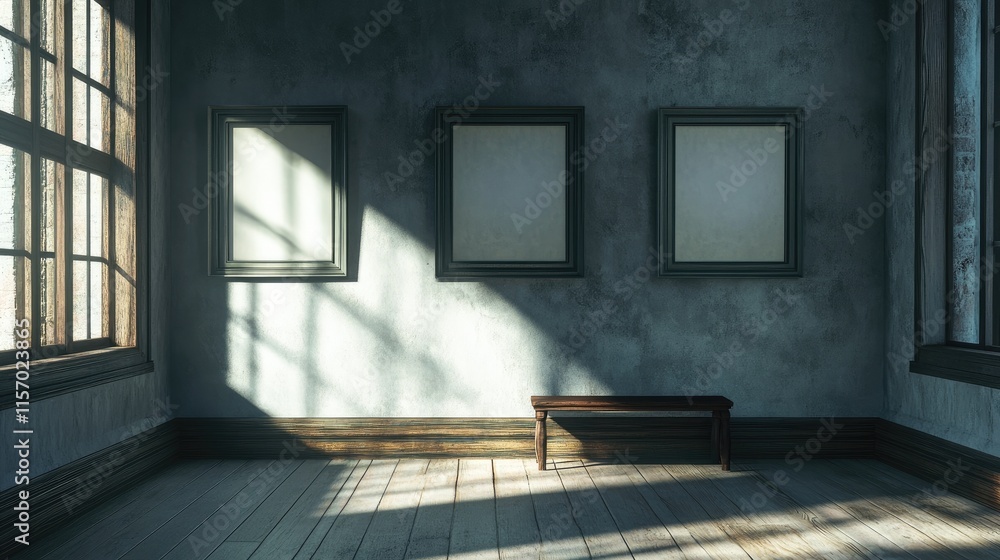 Poster empty picture frames on a rustic wall illuminated by sunlight highlighting shadows in a serene inter