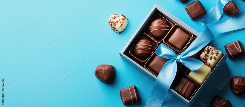 Poster charming assortment of assorted chocolates in a blue ribbon adorned box on a vibrant blue background