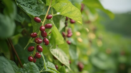 Adzuki bean plant with vibrant red pods growing among lush green leaves in a natural setting