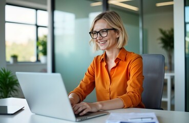 Young woman with short blonde hair sits at modern office desk working on laptop. Wears glasses, orange shirt. Happy expression suggests positive work environment. Types on keyboard of computer.