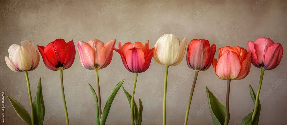 Poster assorted colorful tulip flowers arranged in a row against a textured background showcasing their nat