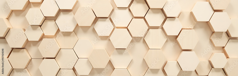 Poster Soft Beige Wooden Hexagons Form A Natural Textured Background In This Serene Wall Block Panorama Of Earthy Tones And Gentle Design. 00002