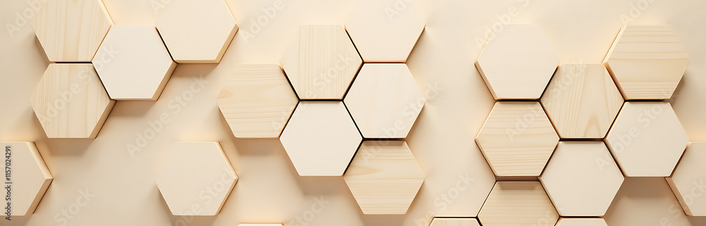 Poster Soft Beige Wooden Hexagons Form A Natural Textured Background In This Serene Wall Block Panorama Of Earthy Tones And Gentle Design. 00001