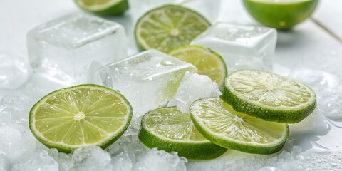 Refreshing Lime Ice Cubes: Long Exposure Stock Photo of Sliced Limes Frozen in Ice on White