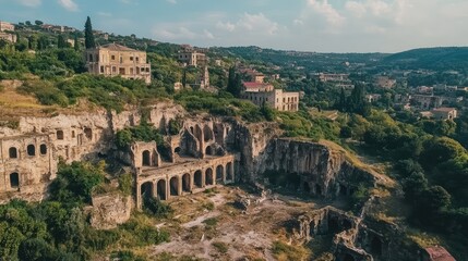 Obraz premium Aerial view of ancient city showcasing well-preserved cave dwellings amidst lush green hills and historical architecture.