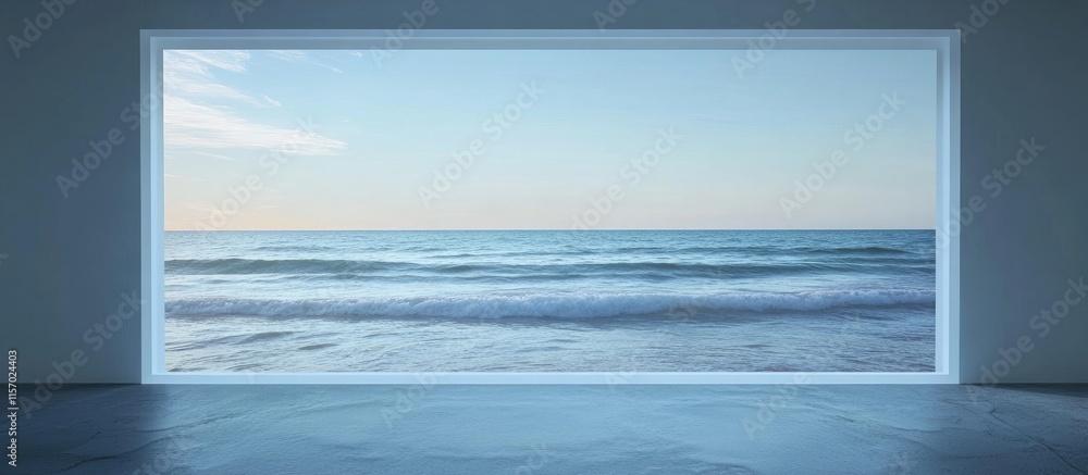Poster serene coastal view through a large window capturing the tranquil sea and endless horizon during a c