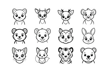 Cute Baby Animals Heads Vector Line Art Illustration, Adorable Minimalist Designs.