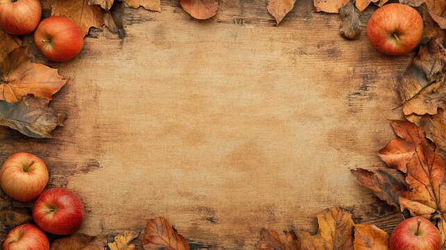 Autumn border with red apples and fallen leaves on rustic wooden table ideal for seasonal promotions and festive designs.