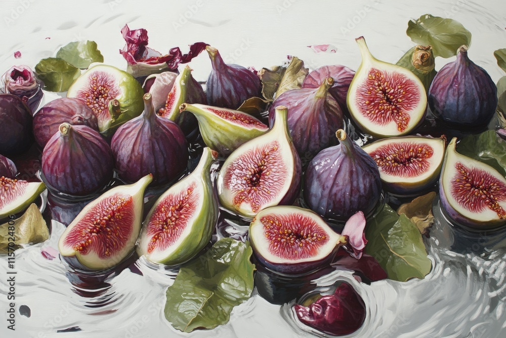 Poster luscious figs and leaves gracefully reflected in water create a serene and refreshing visual, captur
