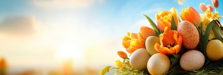 Join a vibrant and lively Easter Celebration filled with colorful eggs and blooming tulips at sunrise, beautifully symbolizing joy, renewal, and the warm togetherness of the spring season