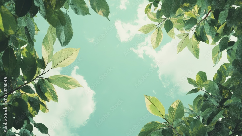 Poster serene view looking up at vibrant green leaves against a clear blue sky with soft clouds creating a 