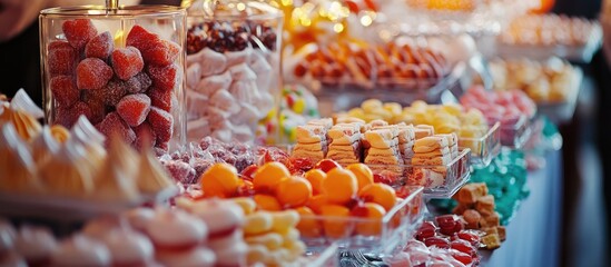 Colorful candy buffet featuring an array of sweets cookies and desserts ideal for celebrations and events showcasing delightful treats © -Quantum Pixels-