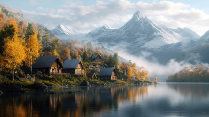 Fototapeta premium Serene village nestled by a reflective lake surrounded by autumn foliage and majestic mountains under a soft morning light