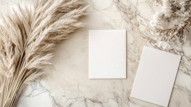 Elegant mockup of two blank white invitation cards with pampas grass decoration on a beige table showcasing a 5x7 ratio design aesthetic