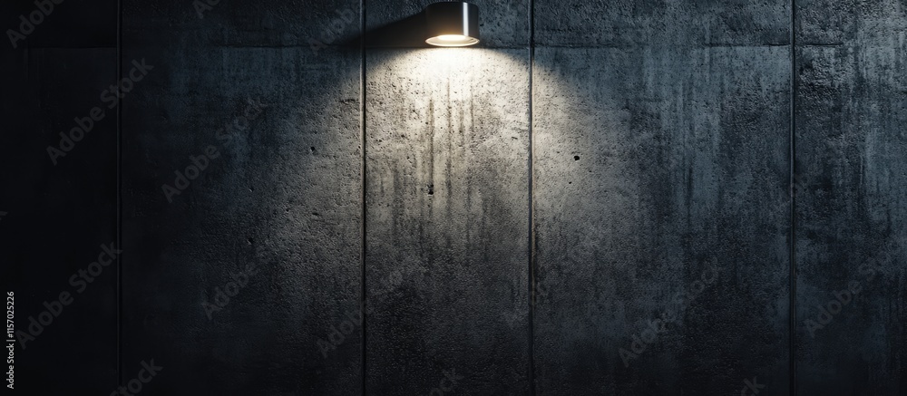 Poster urban underground setting with textured concrete wall softly lit by lamp creating a moody, atmospher