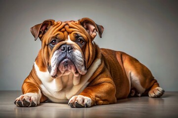 Fototapeta premium Relaxed Red Brindle English Bulldog Dog Lying Down, Copy Space Left