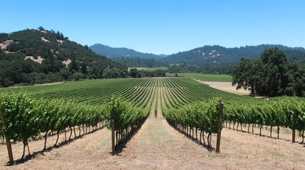 Fototapeta premium Vast vineyards stretching across rolling hills under a clear blue sky in a picturesque wine-producing region