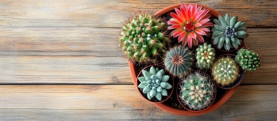 Fototapeta premium Colorful cactus arrangement in ceramic pot on a rustic wooden table enhancing natural home decor appeal and bringing liveliness indoors