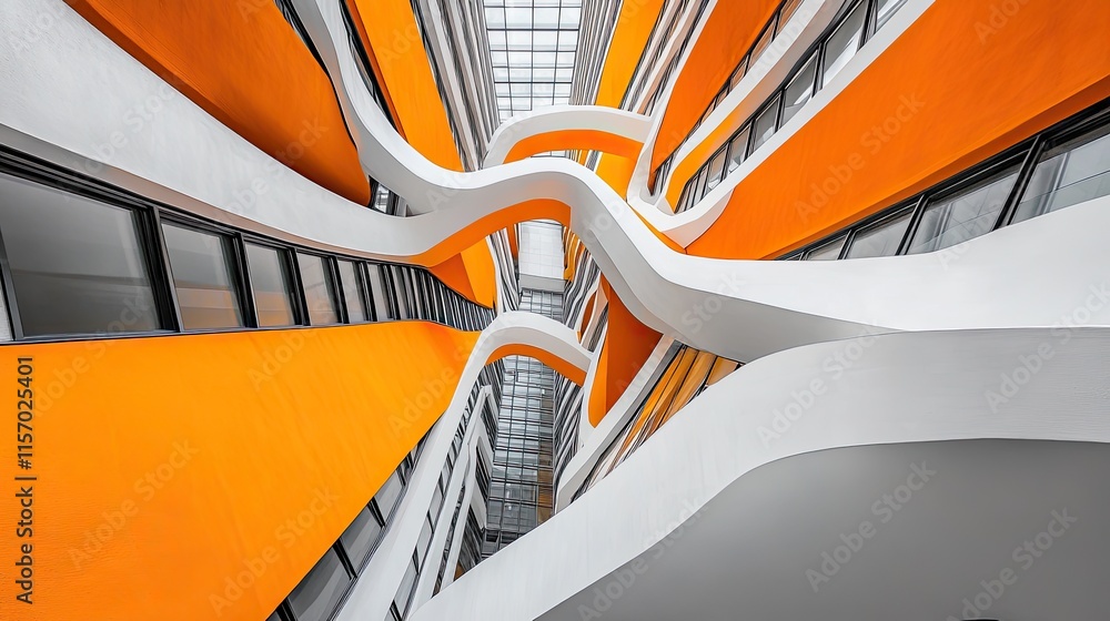 Poster dynamic architectural design with bold orange and white curves