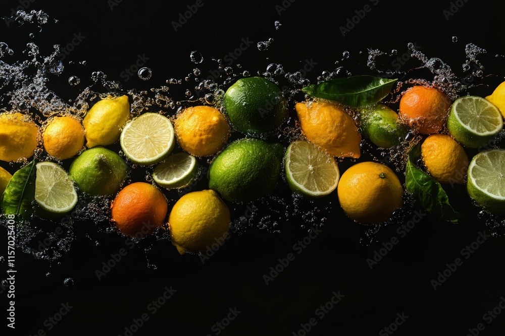 Poster an array of citrus fruits, including oranges, lemons, and limes, submerged in water with bubbles ris