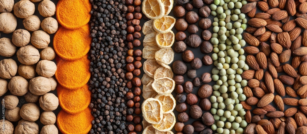 Poster colorful assortment of spices nuts and dried oranges arranged in a decorative pattern on a dark back