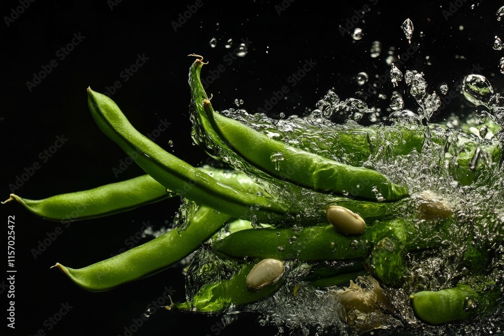 Poster Several fresh green beans create a lively splash as they immerse in water, emphasizing their freshness and energy in a dynamic and energetic composition.
