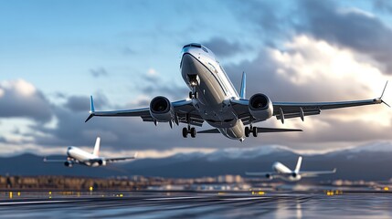 A magnificent view of an airplane taking off while another lands at a busy airport, surrounded by a striking sky and ocean