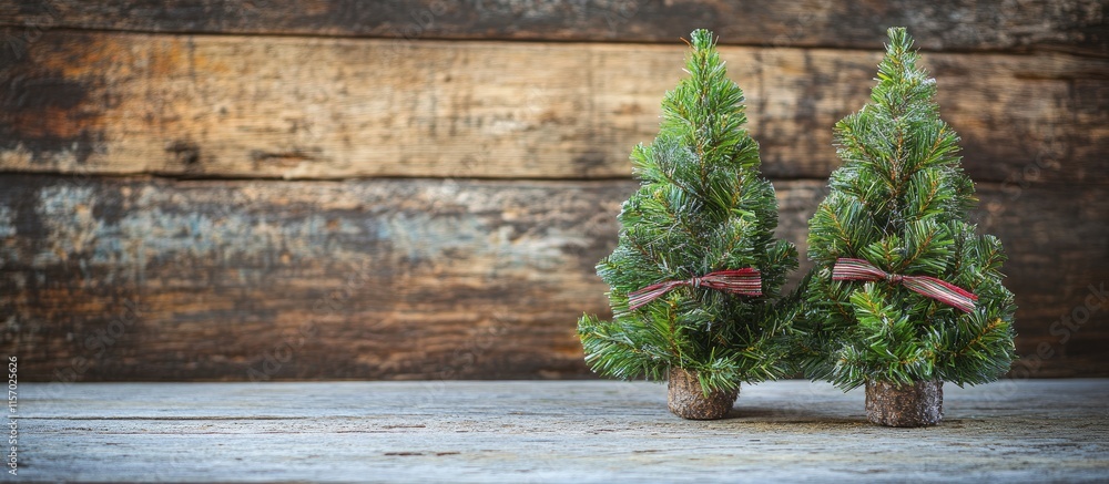 Poster two green fir trees with ribbons placed on a rustic wooden surface creating a cozy and festive atmos