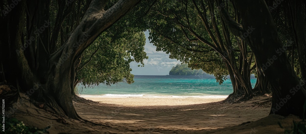 Poster serene beach view through lush trees inviting relaxation and tranquility in a natural coastal settin