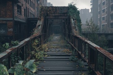 This image shows an abandoned industrial bridge covered with vegetation, symbolizing nature reclaiming space, and creating a scene of urban decay and renewal.