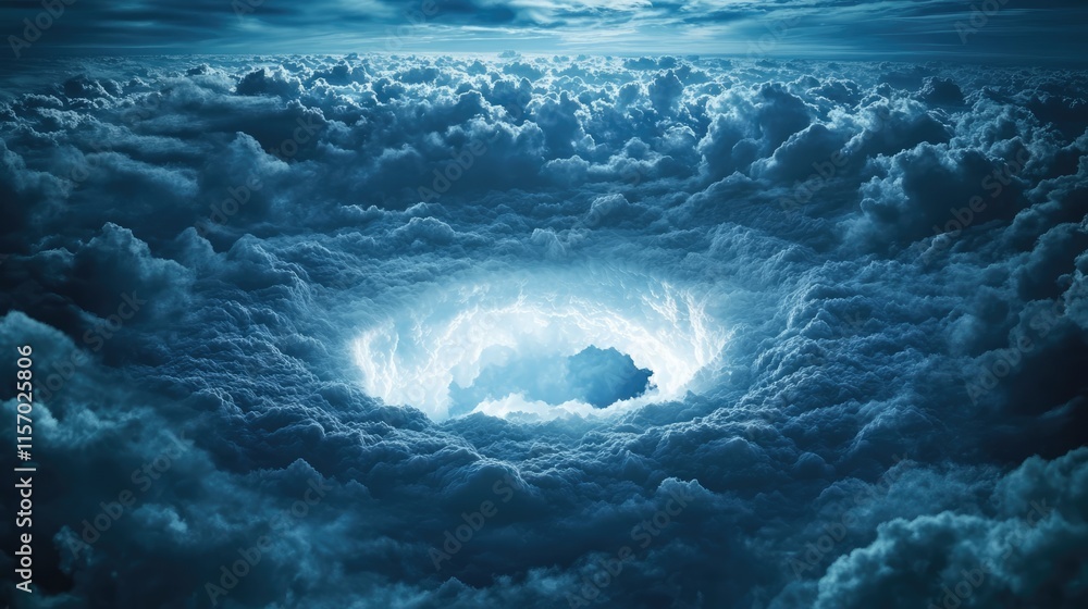 Poster dramatic storm clouds with a striking light hole in the center creating a powerful atmospheric backd