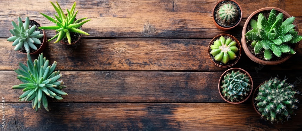 Poster cactus and succulent arrangement on rustic wooden table creating a warm and inviting decor atmospher