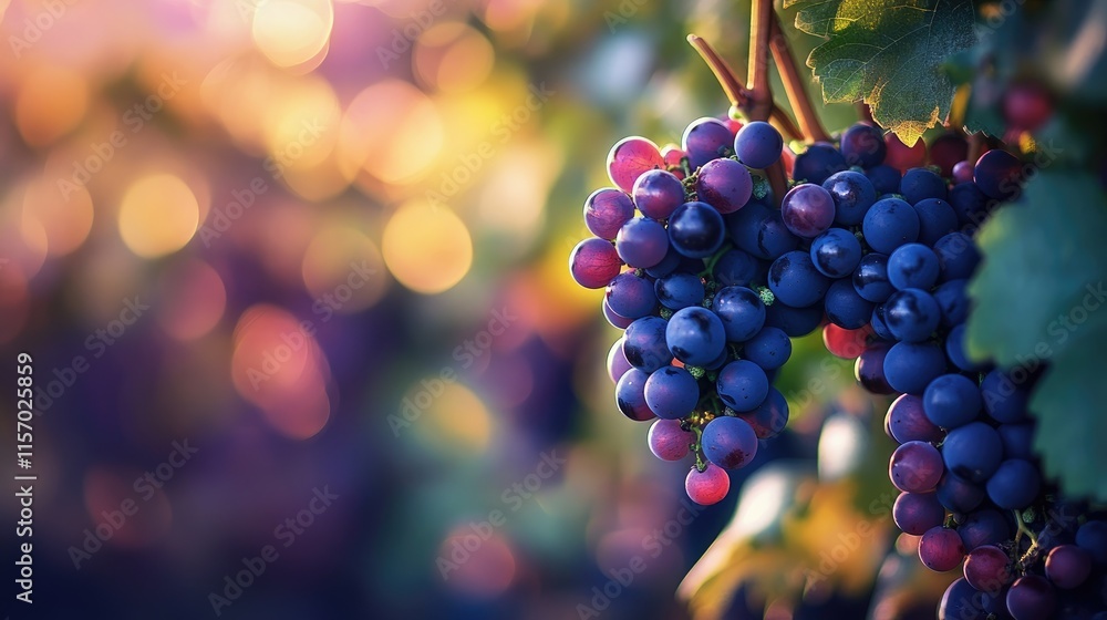 Poster vibrant grapes in a vineyard showcasing bokeh and magical colors with a shallow depth of field for a