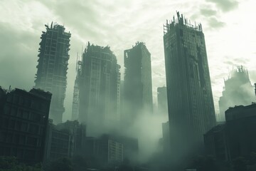 Obraz premium This misty atmosphere captures the ruins of skyscrapers fading into the fog, giving an otherworldly, dreamlike feel with a representation of collapse and isolation.