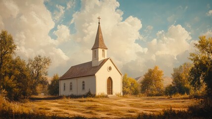 Fototapeta premium Charming rural church surrounded by autumn landscape and dramatic skies in serene countryside setting