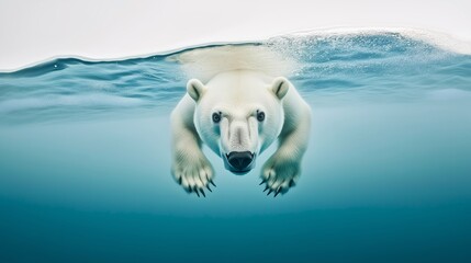 A polar bear swimming underwater, staring directly at the camera in icy arctic waters.